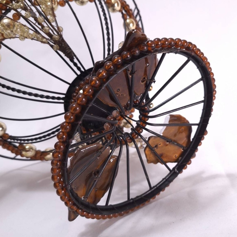 Vtg Metal Wire‎ Beaded Basket w/ Ceramic Leaves Rustic Deco Centerpiece 12.5"w - Picture 10 of 12